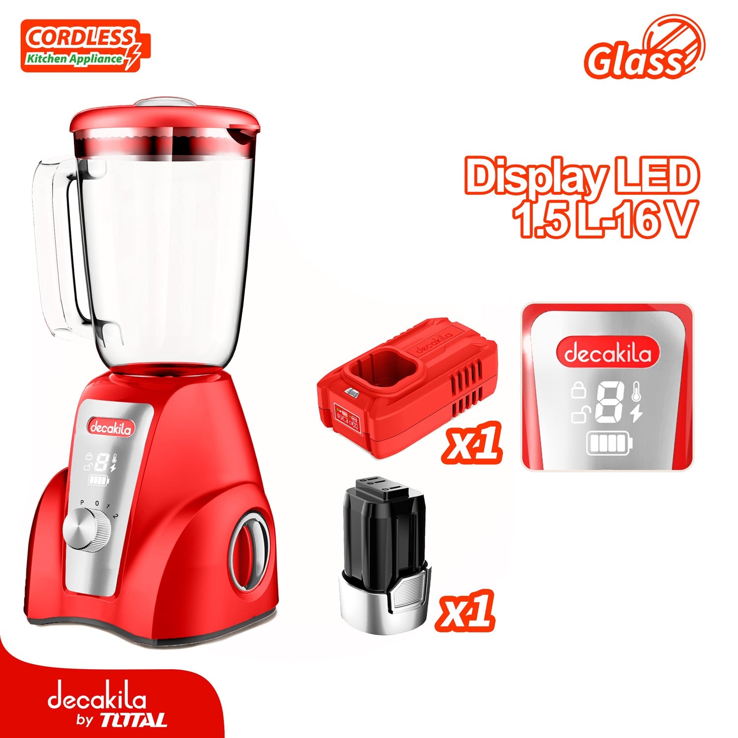 LICUADORA INALAMBRICA ROJA 1.5L 300W 16V 2 VELOCIDADES.JARRA DE VIDRIO. INCLUYE BATERIA Y CARGADOR.