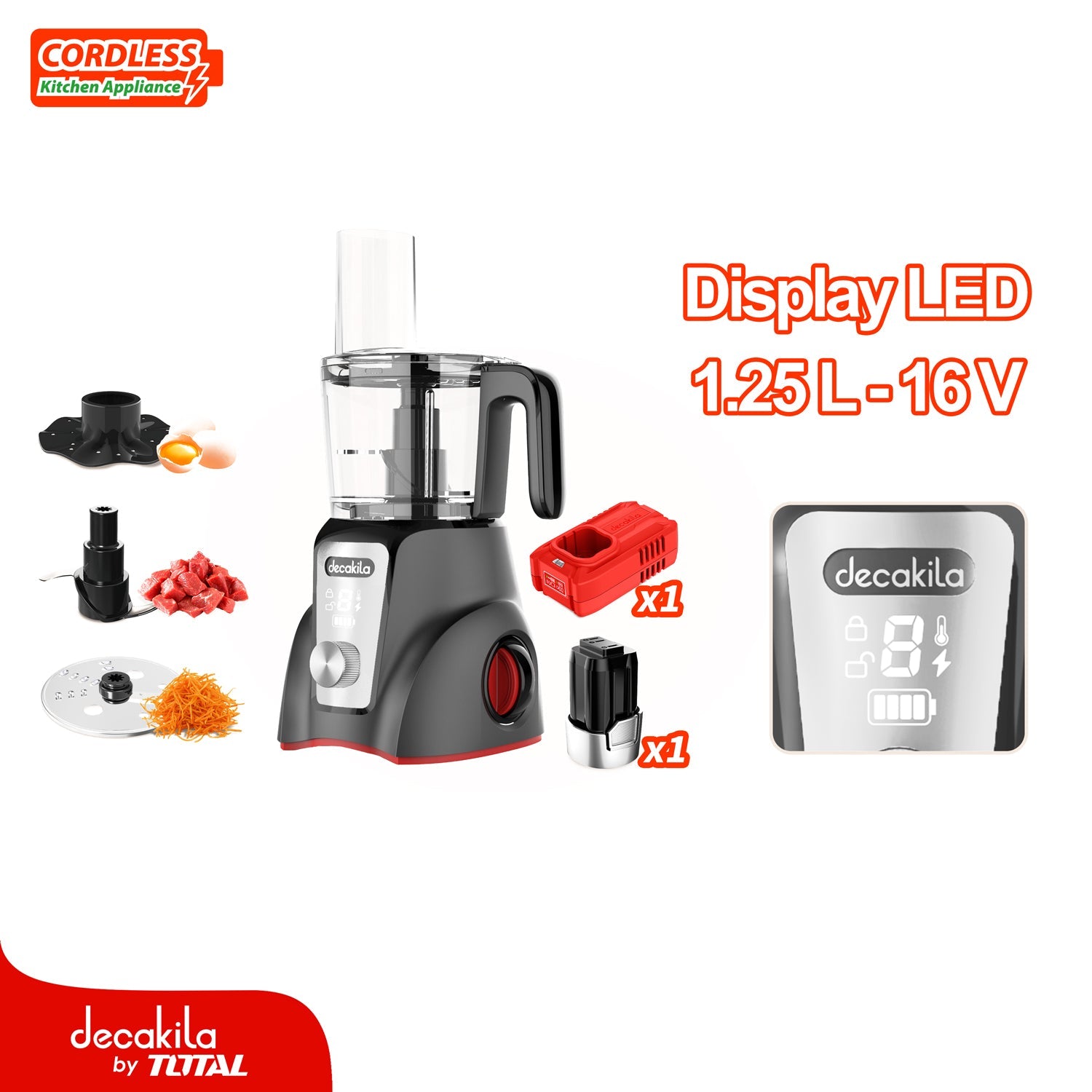 [SKUIMG]KUMG027B|KUMG027B.jpg|PROCESADOR DE ALIMENTOS INALAMBRICO GRIS 250W 1.25L PICA, REBANA Y CORTA. INCLUYE BATERIA Y CARGADOR