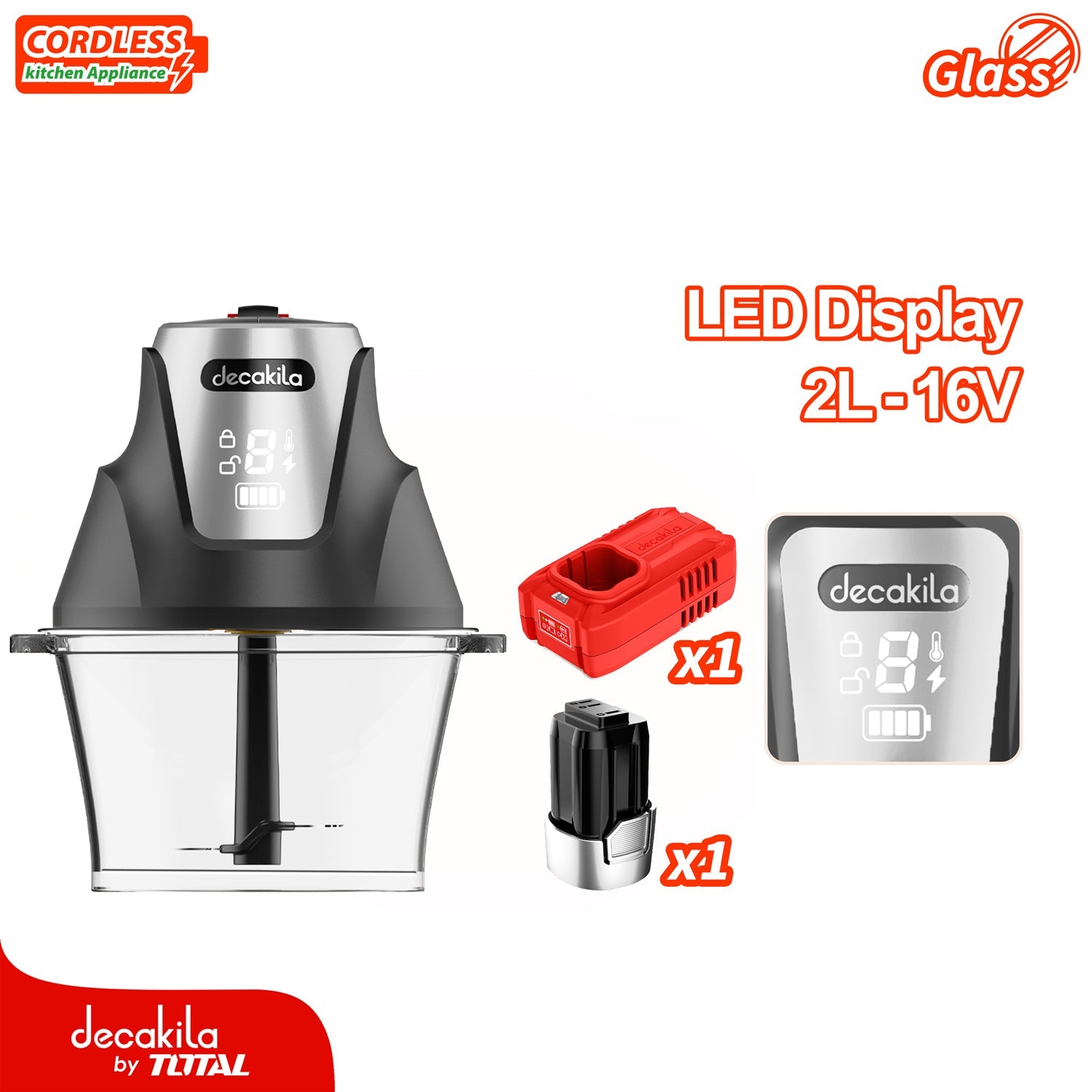 PICADOR DE ALIMENTOS INALAMBRICO GRIS DE 2L CON BOWL DE VIDRIO Y CUCHILLAS DE ACERO INOXIDABLE. INCL
