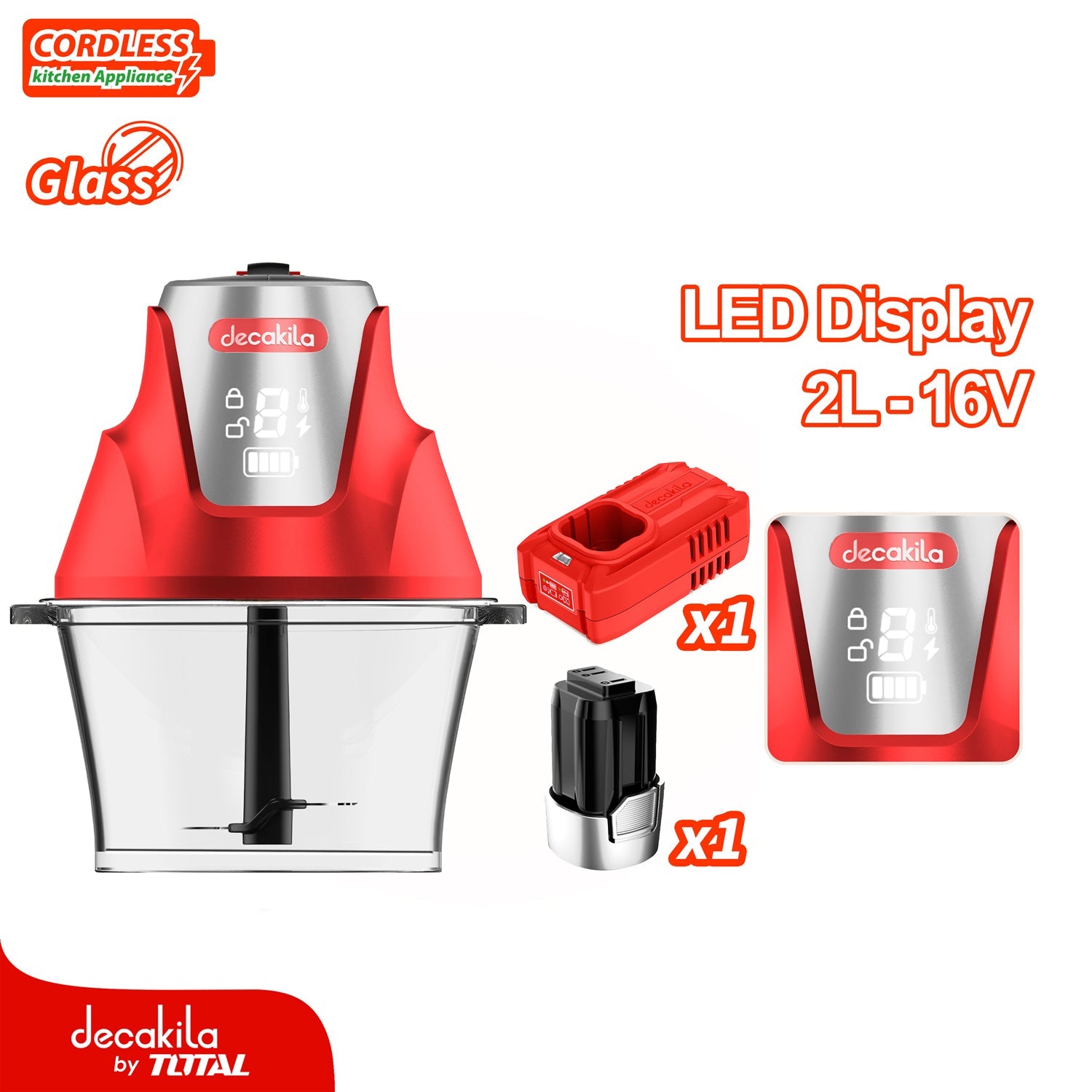 PICADOR DE ALIMENTOS INALAMBRICO ROJO DE 2L CON BOWL DE VIDRIO Y CUCHILLAS DE ACERO INOXIDABLE. INCL