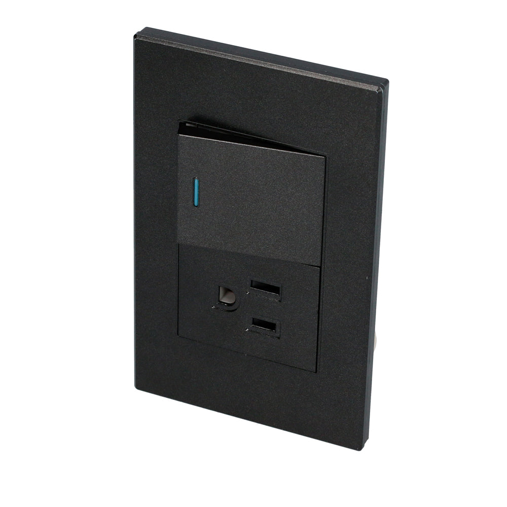 [SKUIMG]P0622-P624N|P0622-P624N.jpg|INTERRUPTOR/ENCHUFE CON 1 APAGADOR Y 1 CONTACTO NEGRO 1/3 SURTEK.
