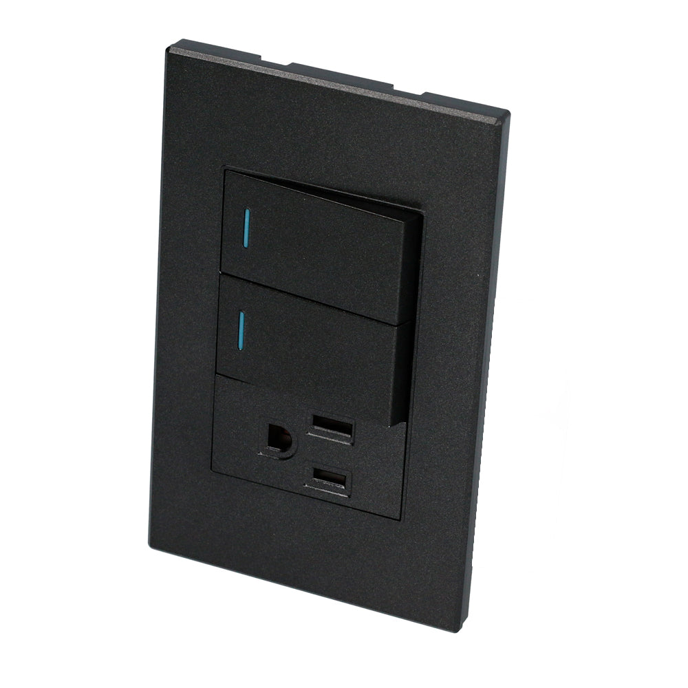 [SKUIMG]P0624-P626N|P0624-P626N.jpg|INTERRUPTOR/ENCHUFE CON 2 APAGADORES 1 CONTACTO NEGRO 1/3 SURTEK.
