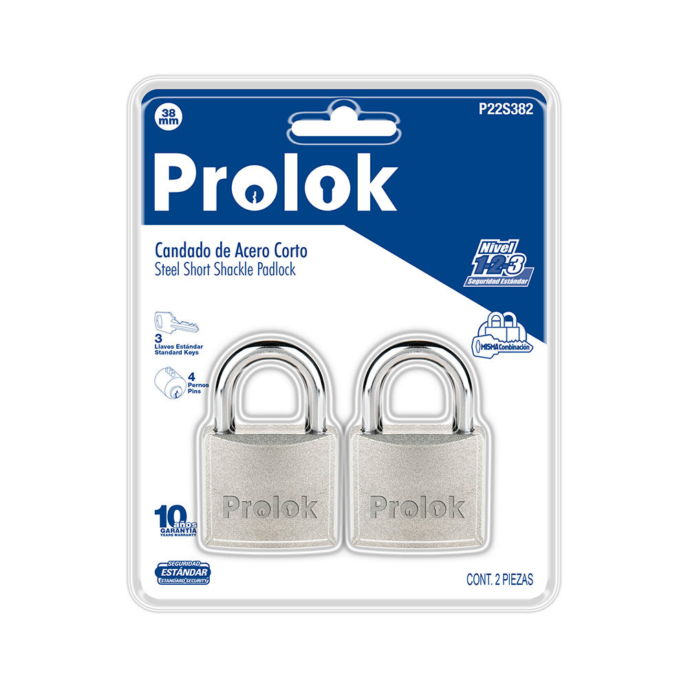 [SKUIMG]P1076-P22S382|P1076-P22S382.jpg|JGO 2 CANDADO ACERO CORT 38MM PROLOK