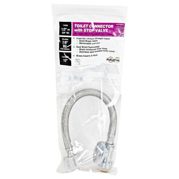 [SKUIMG]PA493-CC10235|TUBO DE ABASTO DE ACERO INOXIDABLE DE 12" CON LLAVE DE ANGULO PARA INODOROS 3/8" X 7/8".