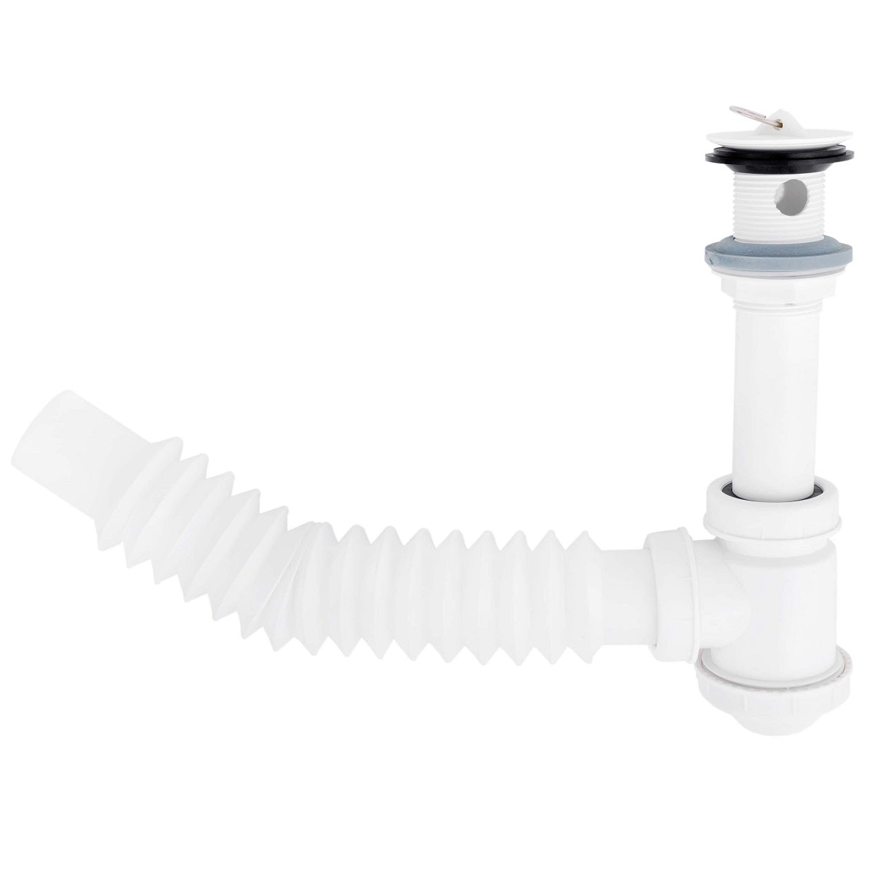 [SKUIMG]PB123-3701CB|PB123-3701CB.jpg|TRAMPA PLÁSTICA FLEXIBLE PARA LAVAMANOS CON DESAGUE CON TAPA Y CON REBOSADERO