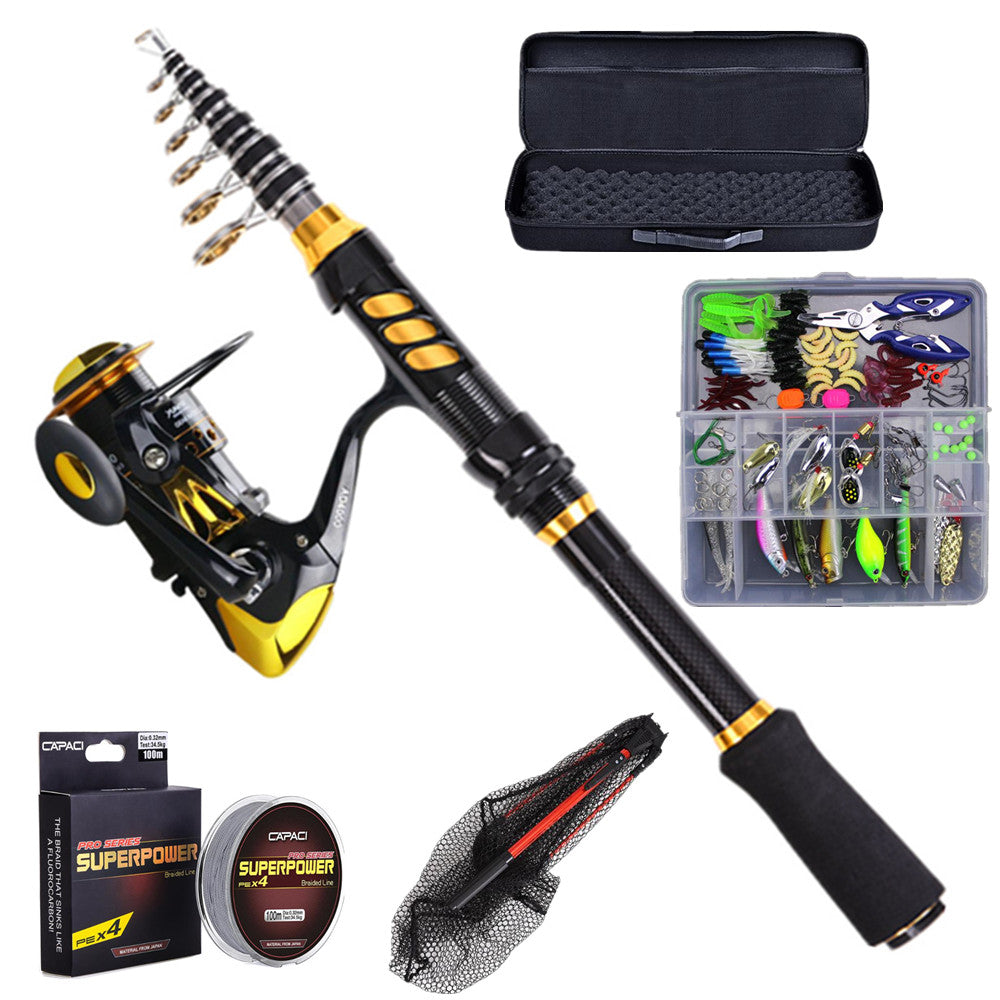 [SKUIMG]PEZ052|PEZ052.jpg|KIT PESCA CAÑA DE CARBONO TELESCÓPICA 2.1 M