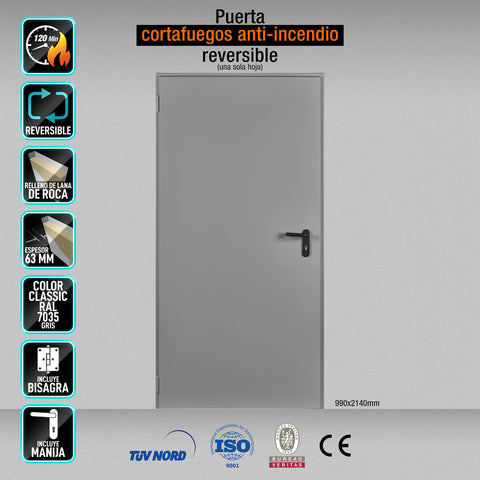 [SKUIMG]PP002-PEI120-IF009-GRIS7035|PP002-PEI120-IF009-GRIS7035_1.jpg|PUERTA CORTAFUEGOS ANTI INCENDIO REVERSIBLE EI120 MINUTOS 990X2140MM MARCO MC3 COLOR GRIS 7035