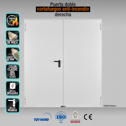 PUERTA CORTAFUEGOS ANTI INCENDIO DOBLE DERECHA EI120 MINUTOS 1500X2140MM MARCO MC3 COLOR BLANCA 1013