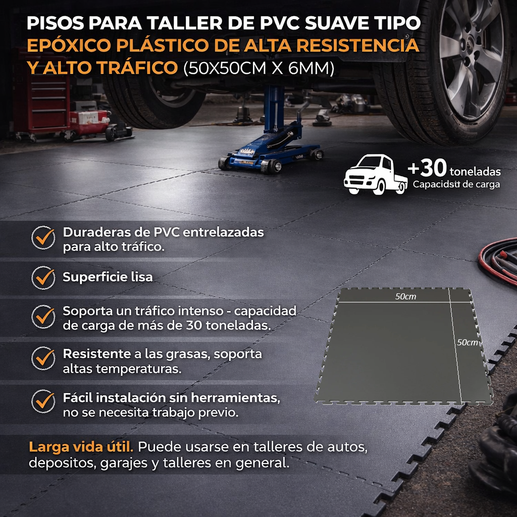 [SKUIMG]PVC01|PVC01.png|PISOS PARA TALLER DE PVC SUAVE TIPO EPOXICO PLASTICO DE ALTA RESISTENCIA Y ALTO TRAFICO (50X50CM X 6