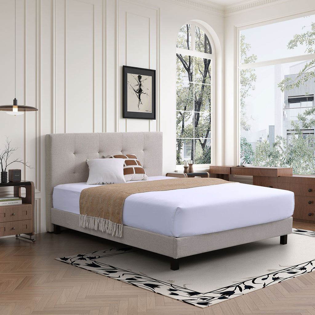 [SKUIMG]REST76|REST76.jpg|CAMAS FÁCILES DE ARMAR COLOR BEIGE RESPALDAR CABECERA ACOLCHADO ALTO