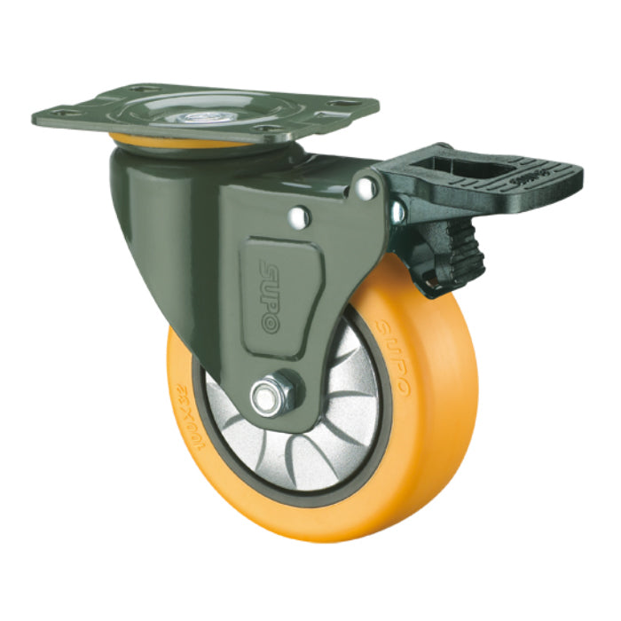 [SKUIMG]RU037|RU037.jpg|RUEDA GIRATORIA FRENO SERIE TRABAJO MEDIANO 100MM 4" CAPACIDAD RUEDA 130KG POLIURETANO