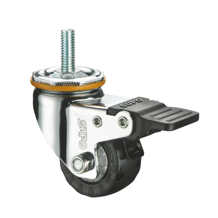 [SKUIMG]RU055|RU055.jpg|RUEDA GIRAT FRENO BARRA ROSCADA M12X25 SERIE TRAB MEDIANO 100MM 4" CAPACI 130KG POLIURETANO NEGR