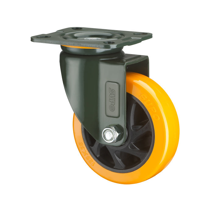 [SKUIMG]RU056|RU056.jpg|RUEDA GIRATORIA SERIE TRABAJO PESADO 75MM 3" CAPACIDAD POR RUEDA 133KG POLIURETANO PU NARANJA