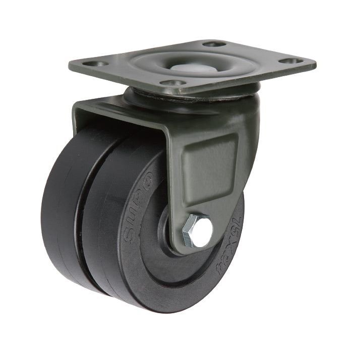 [SKUIMG]RU065|RU065.jpg|RUEDA GIRATORIA SERIE PESADA HERCULES ENANA 40 MM 1 3/5" CAPACIDAD POR RUEDA 150KG NYLON NEGRO