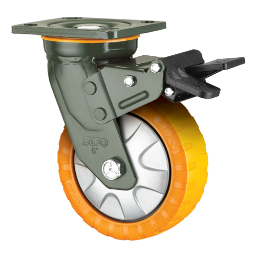 [SKUIMG]RU067|RU067.png|RUEDA GIRATORIA CON FRENO SERIE PESADA SANSON 150MM 6" CAPACIDAD POR RUEDA 600KG POLIURETANO