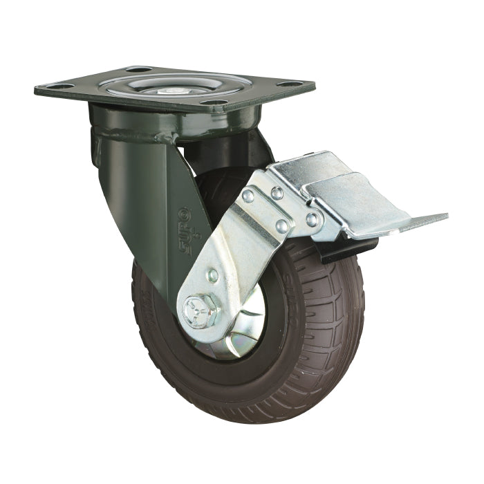 [SKUIMG]RU079|RU079.jpg|RUEDA GIRATORIA CON FRENO SERIE TODO TERRENO 8" 200 MM CAPACIDAD RUEDA 200 KG GOMA ELASTICA SOLIDA