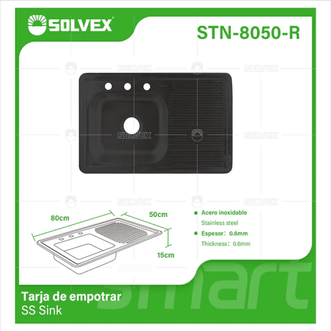 [SKUIMG]STN-8050-R|STN-8050-R-FRONTEND-klCOxexlBwSrN5DE.png|FREGADOR DE COCINA EMPOTRABLE 80X50X15CM. ACERO INOXIDABLE. COLOR NEGRO.