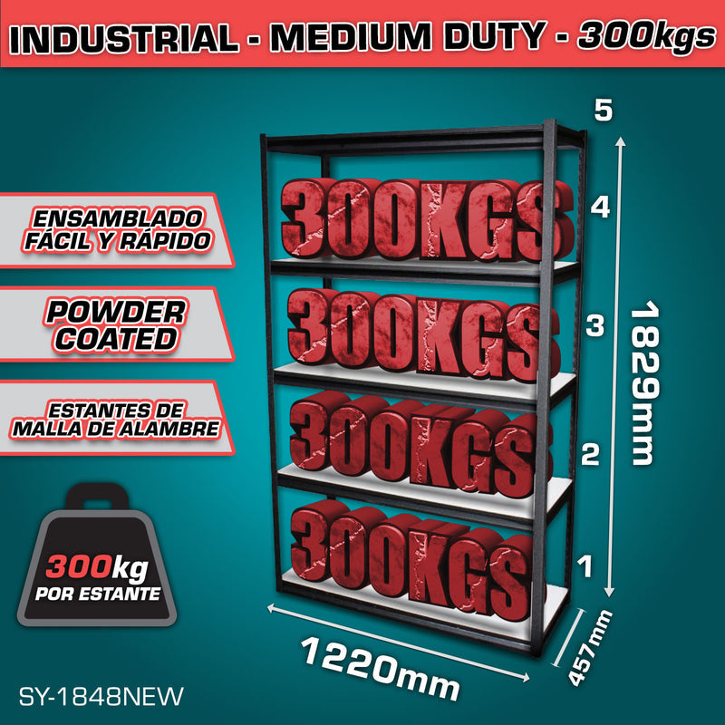 [SKUIMG]SY-1848NEW|SY-1848NEW_1773927040111_1.jpg|ESTANTE DE ALMACENAMIENTO AJUSTABLE 5 NIVELES 457X1220X1829MM CARGA POR NIVEL 300KG ESTANTERIA ARMA