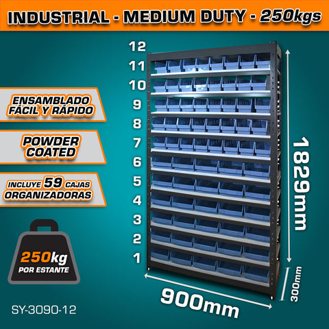 [SKUIMG]SY-3090-12|ESTANTE DE ALMACENAMIENTO AJUSTABLE 12 NIVELES CON 59 CAJAS DE ALMACENAMIENTO.300X900X1829MM CARGA P