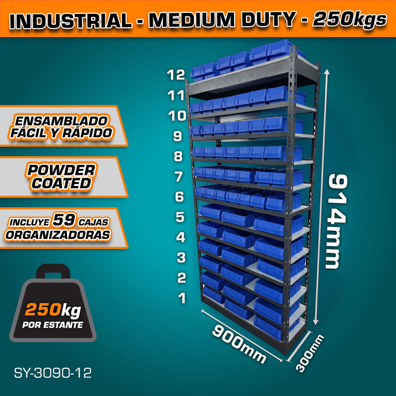 [SKUIMG]SY-3090-12|SY-3090-12_1773888228419_1.jpg|ESTANTE DE ALMACENAMIENTO AJUSTABLE 12 NIVELES CON 59 CAJAS DE ALMACENAMIENTO.300X900X1829MM CARGA P