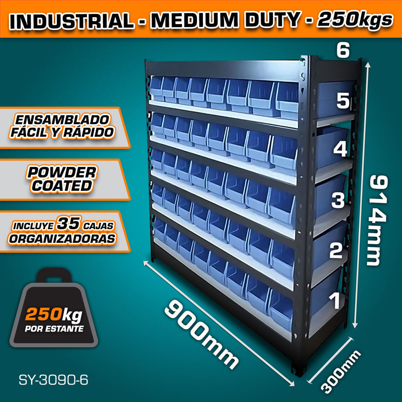 [SKUIMG]SY-3090-6|SY-3090-6_1773889423095_1.jpg|ESTANTE DE ALMACENAMIENTO AJUSTABLE 6 NIVELES CON 35 CAJAS DE