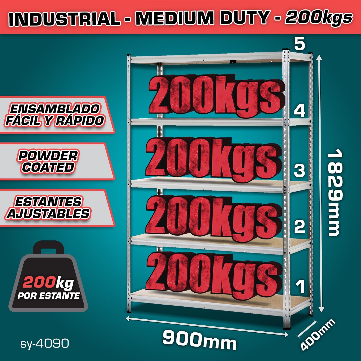 [SKUIMG]SY-4090|SY-4090.jpg|ESTANTE DE ALMACENAMIENTO AJUSTABLE 5 NIVELES 400X900X1829MM. CARGA POR NIVEL 200KG ESTANTERIA ARMA