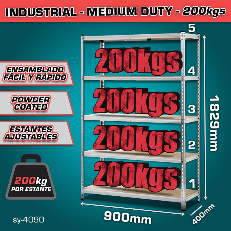[SKUIMG]SY-4090|SY-4090_1773887856267_1.jpg|ESTANTE DE ALMACENAMIENTO AJUSTABLE 5 NIVELES 400X900X1829MM. CARGA POR NIVEL 200KG ESTANTERIA ARMA