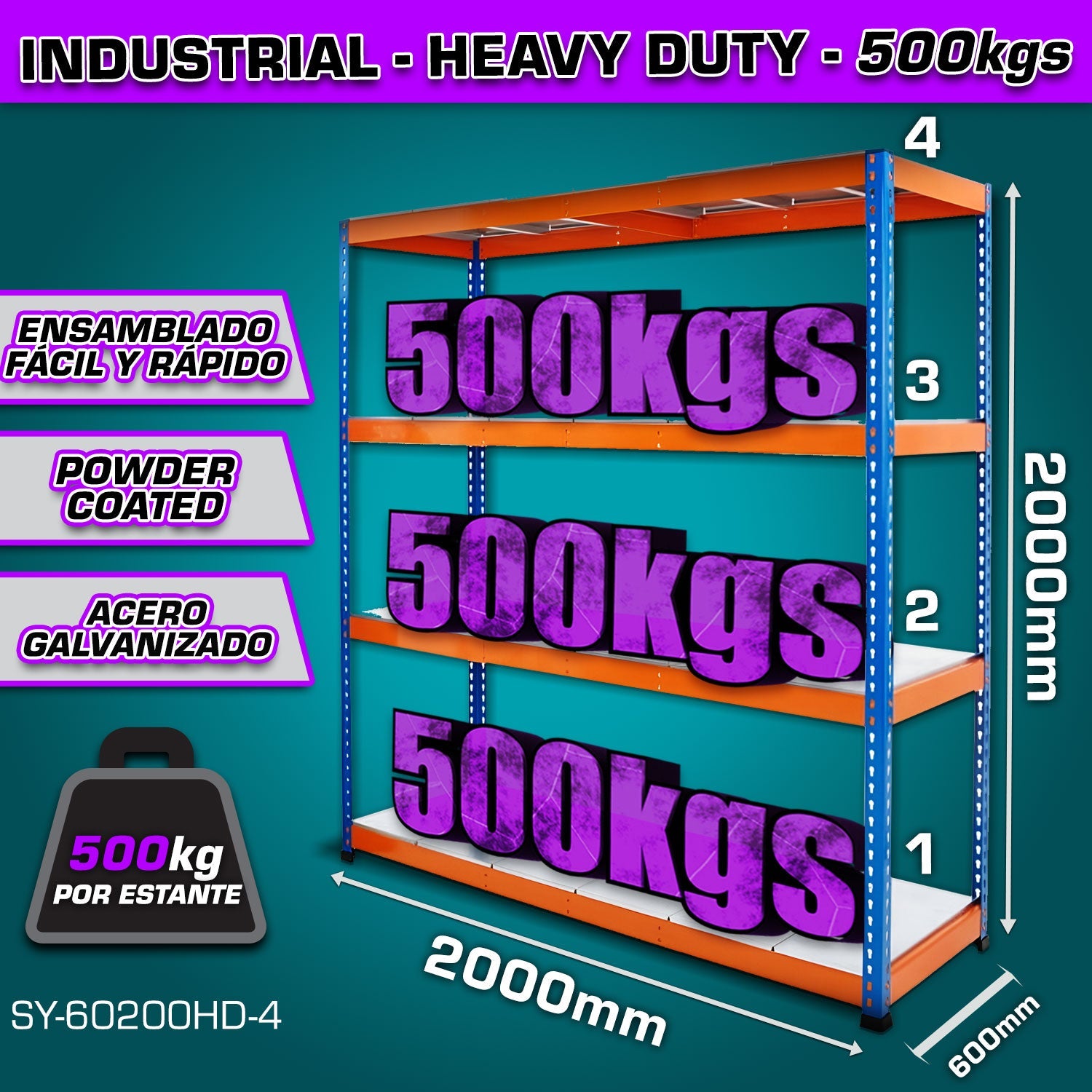[SKUIMG]SY-60200HD-4|ESTANTE DE ALMACENAMIENTO AJUSTABLE 4 NIVELES 600X2000X2000MM CARGA POR NIVEL 500KG ESTANTERIA ARMA