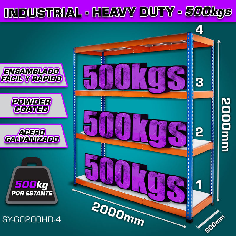 [SKUIMG]SY-60200HD-4|SY-60200HD-4_1773926936652_1.jpg|ESTANTE DE ALMACENAMIENTO AJUSTABLE 4 NIVELES 600X2000X2000MM CARGA POR NIVEL 500KG ESTANTERIA ARMA