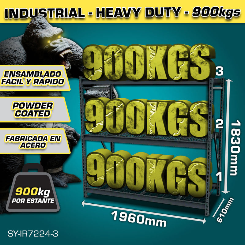 [SKUIMG]SY-IR7224-3|SY-IR7224-3_1773889379599_1.jpg|ESTANTE DE ALMACENAMIENTO AJUSTABLE 3 NIVELES 610X1960X1830MM CARGA POR NIVEL 900KG ESTANTER�A ARMA