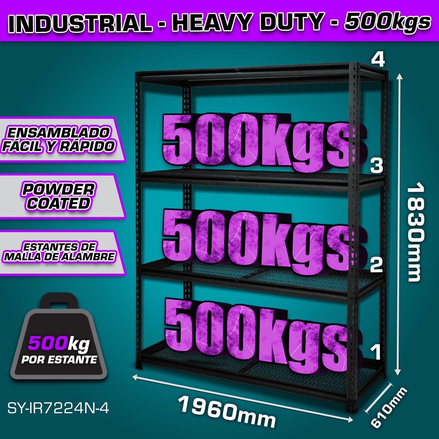 [SKUIMG]SY-IR7224N-4|SY-IR7224N-4_1.jpg|ESTANTE DE ALMACENAMIENTO AJUSTABLE 4 NIVELES 610X1960X1830MM CARGA POR NIVEL 500KG ESTANTERIA ARMA