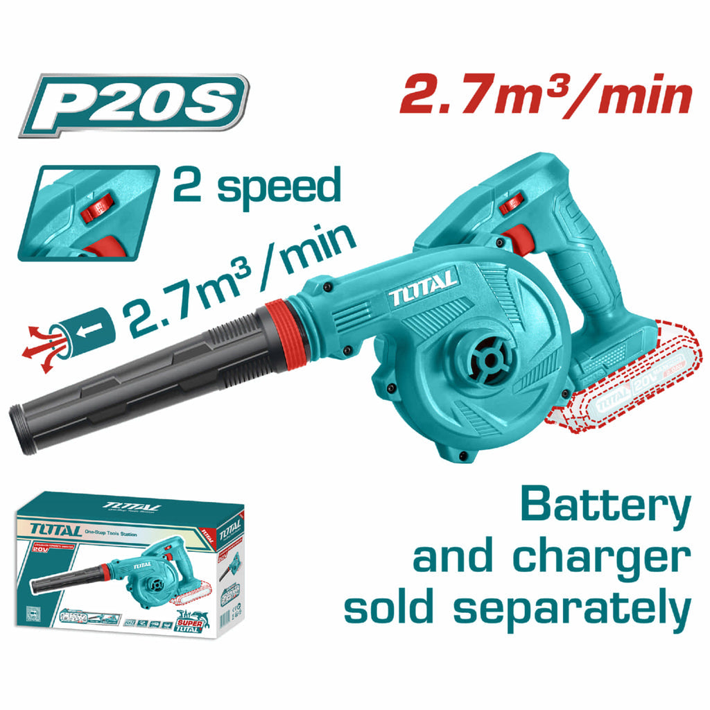 [SKUIMG]TABLI20018|TABLI20018.jpg|SOPLADOR DE HOJA TOTAL INALÁMBRICO 20V. NO INCLUYE BATERÍA NI CARGADOR. BATERÍA LITIO. 18000 RPM.