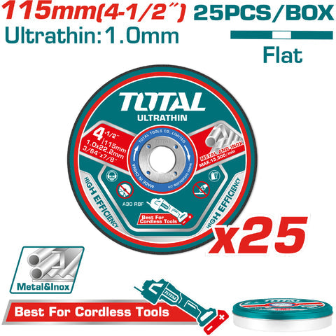 [SKUIMG]TAC11011525|TAC11011525_1.jpg|DISCOS DE CORTE DE METAL ULTRAFINO 4 1/2" X 3/64" X 7/8" CENTRO PLANO. SET 25 PZAS.