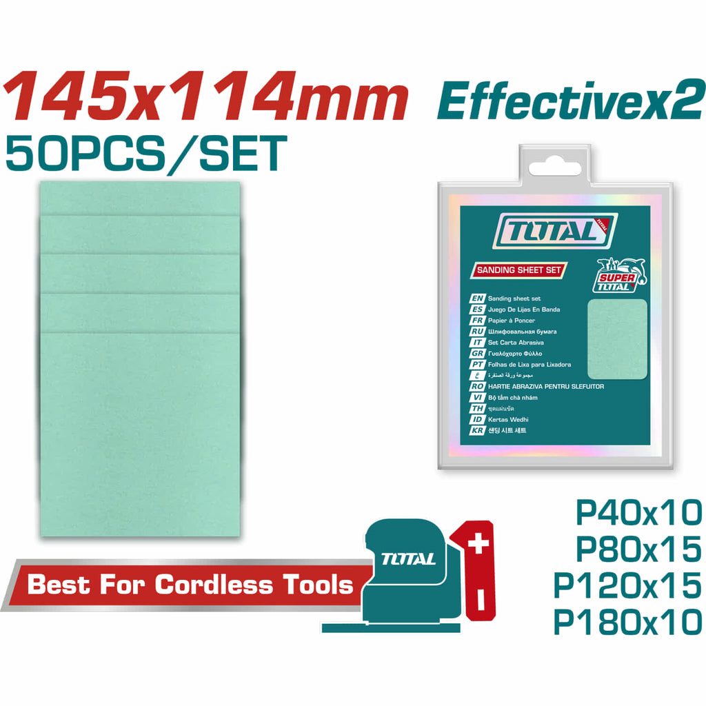 [SKUIMG]TAC145115|TAC145115.jpg|PAPELES DE LIJA 145X114MM P40, P80, P120, P180 PARA MULTIPLES SUPERFICIES. SET DE 50 PIEZAS. LIJAS
