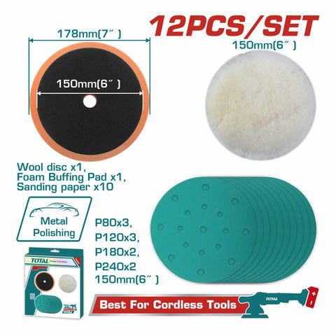 [SKUIMG]TAC15012|TAC15012_1.jpg|DISCO DE LANA 150MM, ALMOHADILLA DE ESPUMA. PAPELES DE LIJADO (P80,P120,P180,P240)