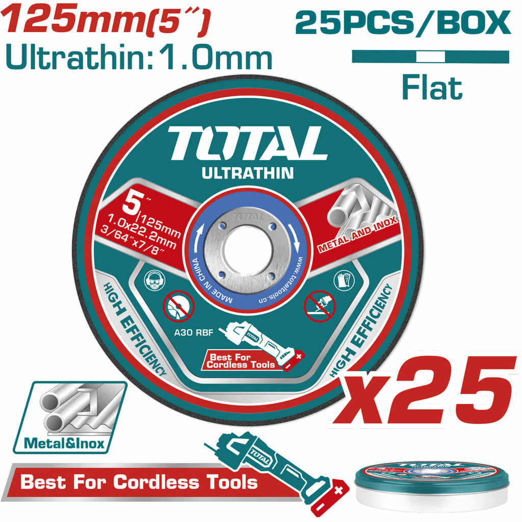 [SKUIMG]TAC21012525|TAC21012525_1.jpg|DISCOS DE CORTE DE METAL ULTRAFINO 5" X 3/64" X 7/8" CON CENTRO PLANO. SET 25 PIEZAS.