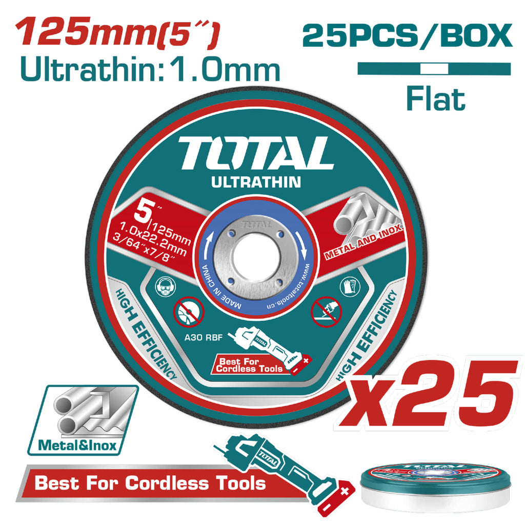 [SKUIMG]TAC21012525|TAC21012525_1773878469554_1.jpg|DISCOS DE CORTE DE METAL ULTRAFINO 5" X 3/64" X 7/8" CON CENTRO PLANO. SET 25 PIEZAS.