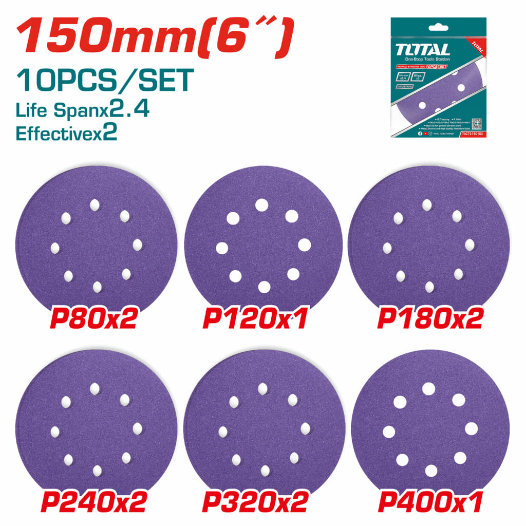 [SKUIMG]TAC73150102|TAC73150102_1773883935809_1.jpg|JUEGO PROFESIONAL DE 10 DISCOS DE LIJA PARA LIJADORA DE 6" 150MM. P80X2 P120X1 P180X2 P240X2 P320X2