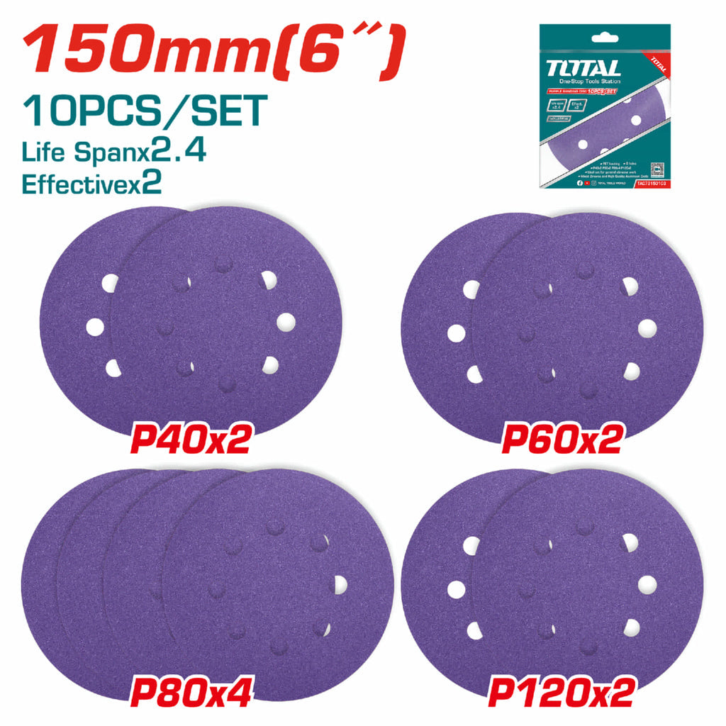 [SKUIMG]TAC73150103|TAC73150103.jpg|JUEGO DE 10 DISCOS DE LIJA PARA LIJADORA DE 6" 150MM. P40X2 P60X2 P80X4 P120X2.