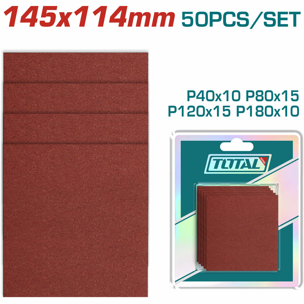 [SKUIMG]TAC749141121|TAC749141121_1.jpg|PAPELES DE LIJA 145 X 114MM P40 P80 P120 P180. IDEAL PARA MADERA Y METAL. SET DE 50 PIEZAS.
