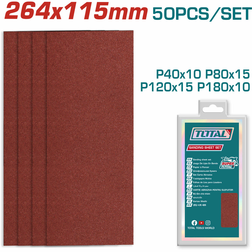 [SKUIMG]TAC749261151|PAPELES DE LIJA 264 X 115MM P40 P80 P120 P180. IDEAL PARA MADERA Y METAL. SET DE 50 PIEZAS.