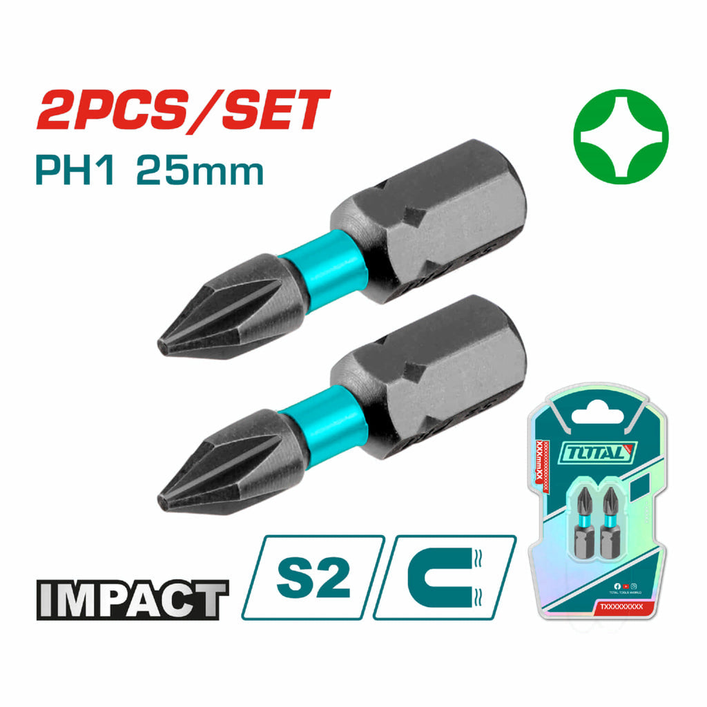 PUNTAS DE DESTORNILLADOR DE IMPACTO PH1 25MM S2 SET DE 2 PZAS. MAGNETICO. TIPO PHILLIPS