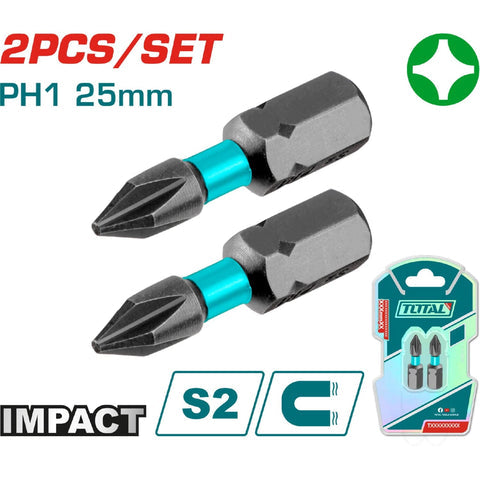 PUNTAS DE DESTORNILLADOR DE IMPACTO PH1 25MM S2 SET DE 2 PZAS. MAGNETICO. TIPO PHILLIPS
