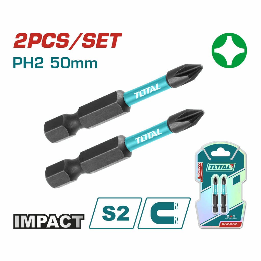 PUNTAS DE DESTORNILLADOR DE IMPACTO PH2 50MM S2 SET DE 2 PZAS. MAGNÉTICO. TIPO PHILLIPS