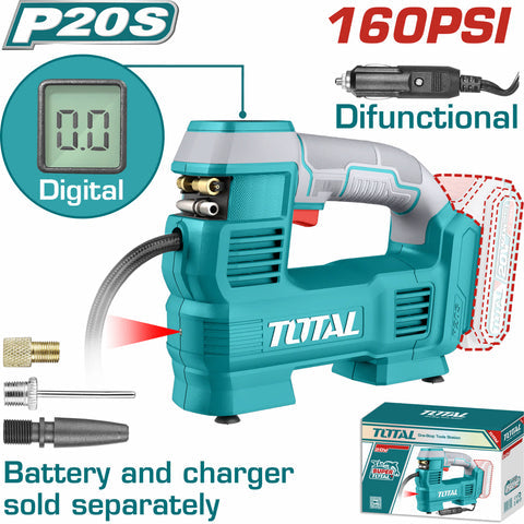 [SKUIMG]TACLI2012|TACLI2012_1.jpg|COMPRESOR DE AIRE INAL�MBRICO AUTOM�TICO 20V CON LUZ LED, PANTALLA DIGITAL Y ADAPTADORES. 160 PSI. N