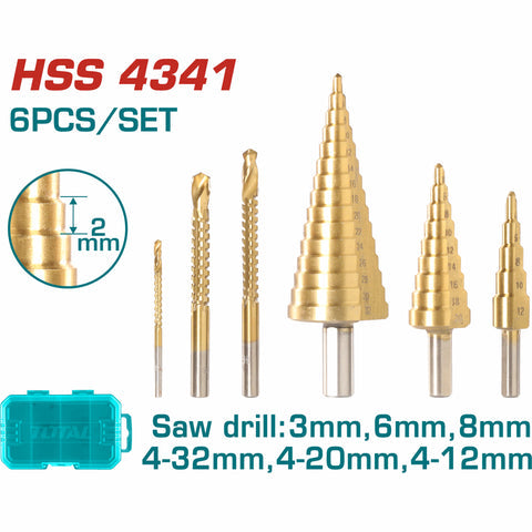 [SKUIMG]TACSD2061|TACSD2061_1.jpg|BROCAS ESCALONADAS 4-32MM Y BROCAS DE SIERRA 3-8MM HSS 4341 SET DE 6 PIEZAS.