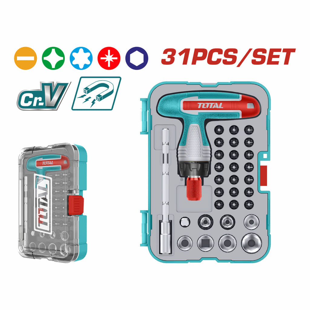 [SKUIMG]TACSD30316|TACSD30316.jpg|DESTORNILLADOR LLAVE T MIXTO RATCHED CR-V. MAGNÉTICO. PUNTAS VARIADAS. SET DE 31 PIEZAS.