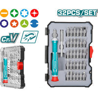 [SKUIMG]TACSD30326|TACSD30326_1.jpg|JUEGO DE DESTORNILLADORES DE PRECISION VARIADO DE 32 PZAS. 1 MANGO DE PLASTICO. 1 SOPORTE PARA BROCA