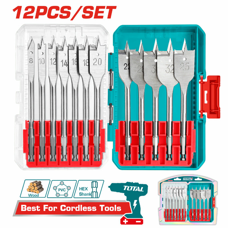 [SKUIMG]TACSDL1206|TACSDL1206.jpg|BROCAS PLANAS PARA MADERA USO EN TALADRO VÁSTAGO HEXAGONAL 1/4" SET DE 12 PIEZAS.