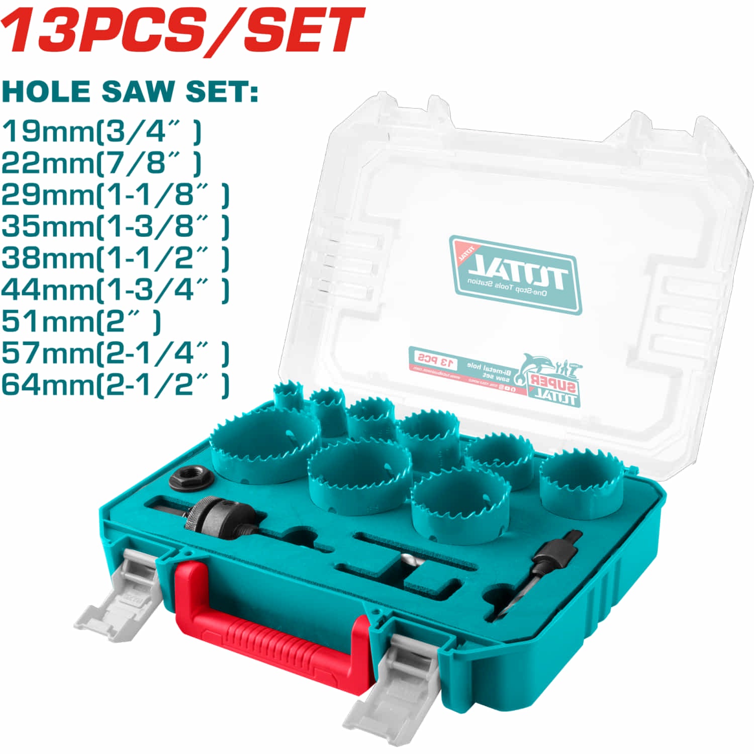 [SKUIMG]TACSH0132|TACSH0132.jpg|BROCAS DE CORONA SIERRA BI-METAL HSS M3 CON MANDRILES Y ADAPTADORES - MALETIN PLASTICO. SET DE 13 PI